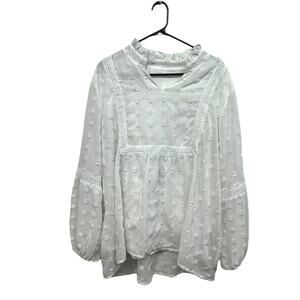 Romantic Cottagecore White Swiss Dot Ruffle Neck Sheer Blouse Size 2XL